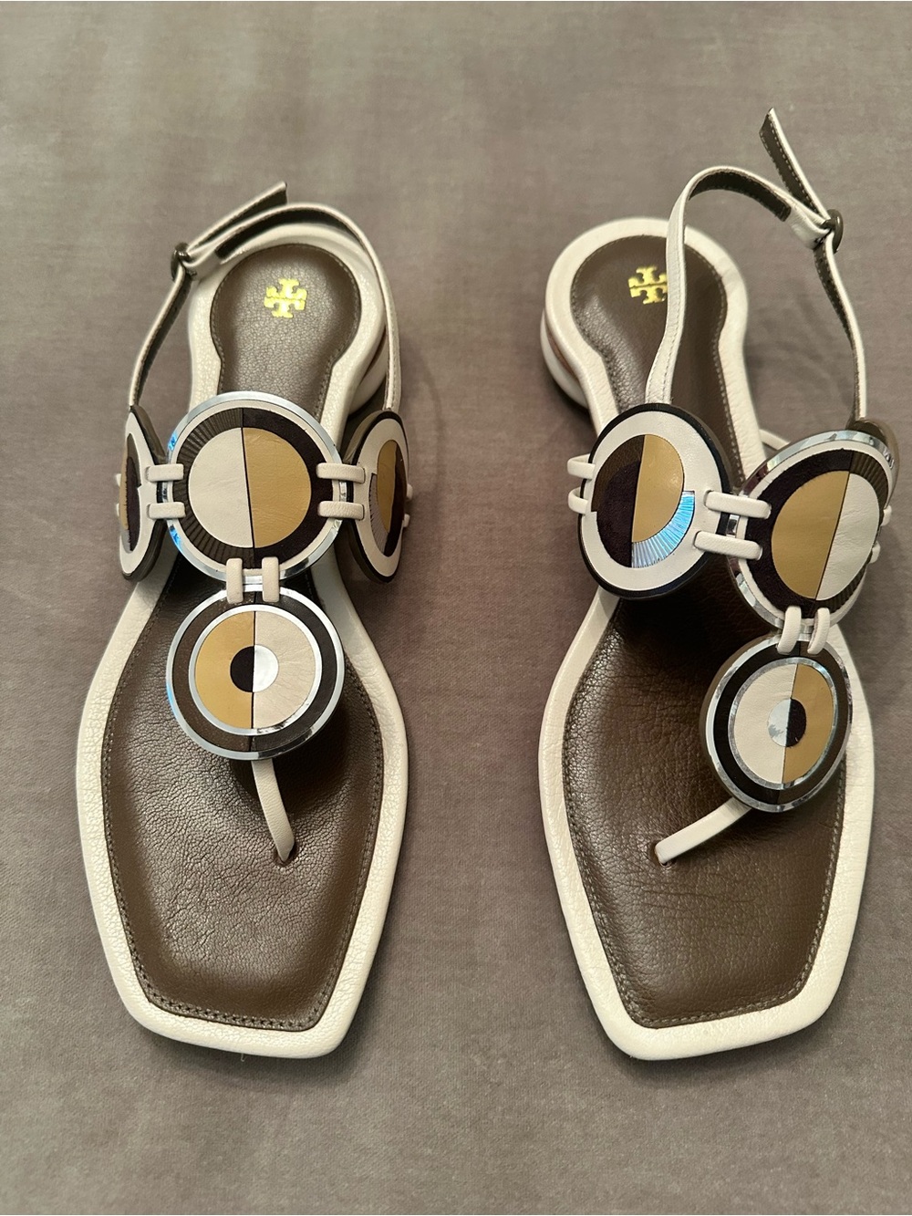 Tory Burch White and Brown Decorative Circle T-Strap Sandals